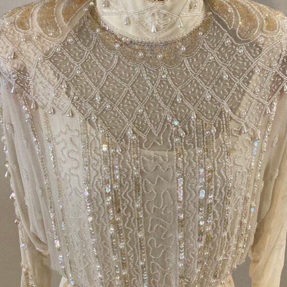Lillie Rubin Stunning Vintage Cream Silk Beaded & Sequined Evening Dress Size 6 - Picture 5 of 14